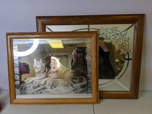 lot 237 image: (2) Framed Mirrors w Wolf & Floral Imagery