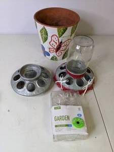 lot 238 image: Terra Cotta Pot, Bird Feeders & Outdoor Lights