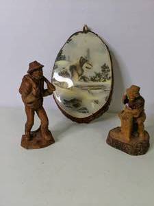 lot 146 image: (2) Hand Carved Figurines & Wolf Wall Hanging