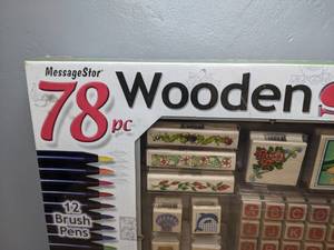 lot 17 image: Brand New 78 Piece Wooden Stamp Set Rubber Pens
